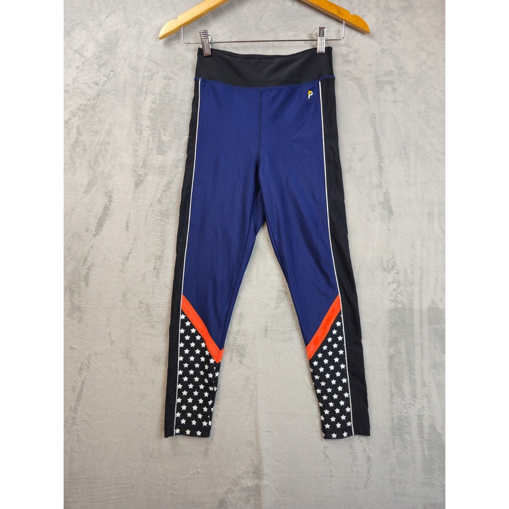 PE Nation Leggings Womens SMALL Blue Black Orange Stars Colourblock Compression